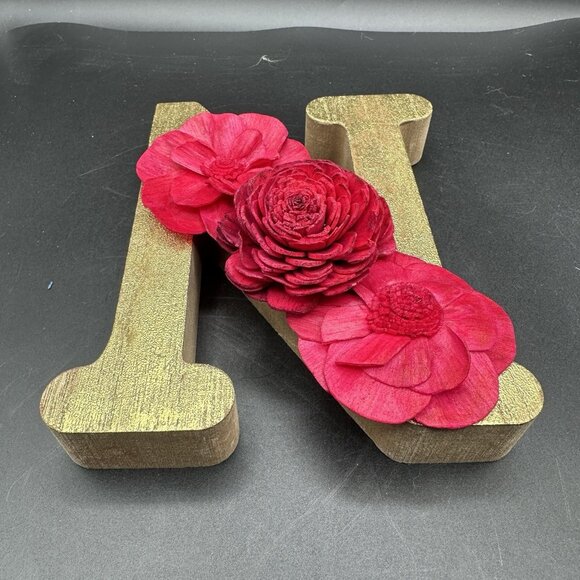 Wooden Initial Letter N Gold Red Sola Wood Flowers 6" Free Standing Monogram - Picture 3 of 10